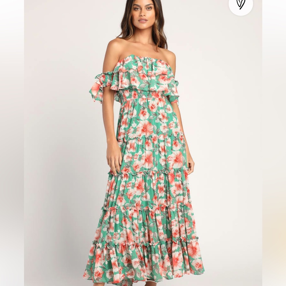 NWT Lulu’s “Chance For Us” Green Floral Off the Shoulder Dress, size XL